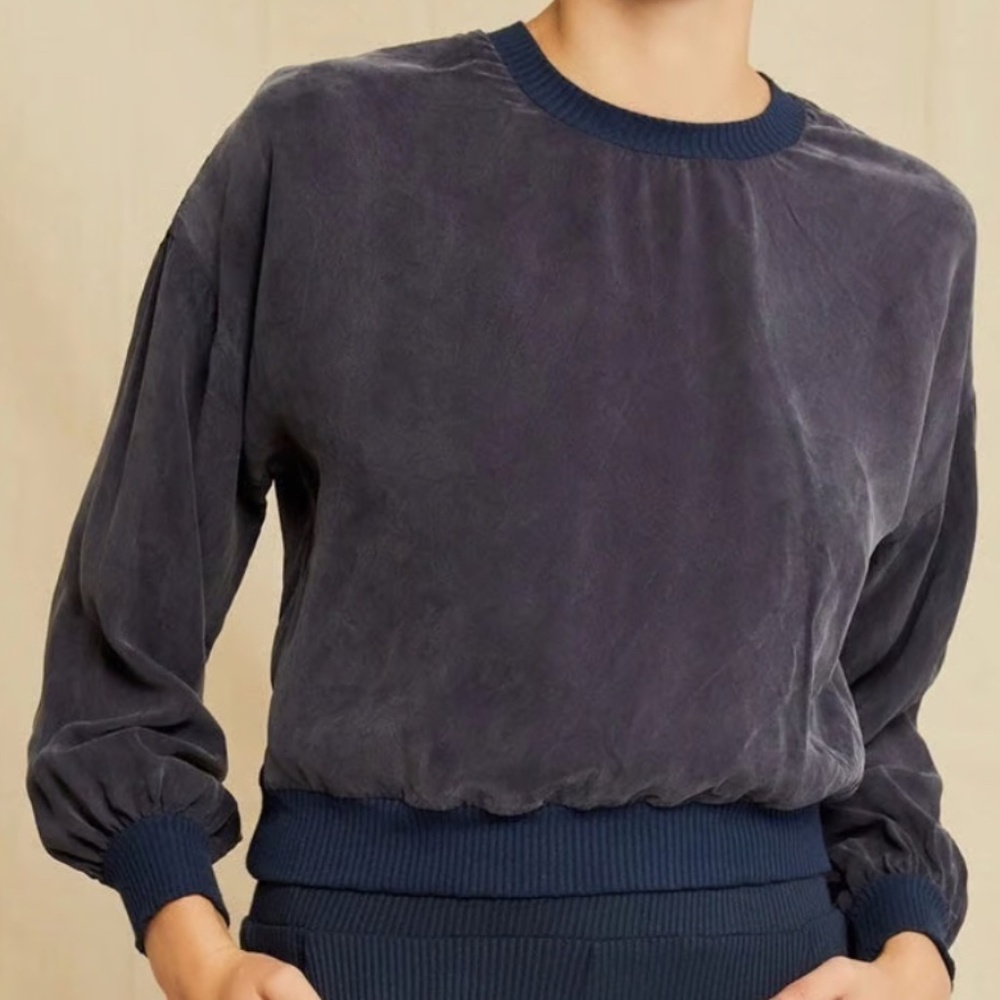 Amour Vert Mari Cupro Blouse Ocean Blue Silk-Like Top Women's Large, New